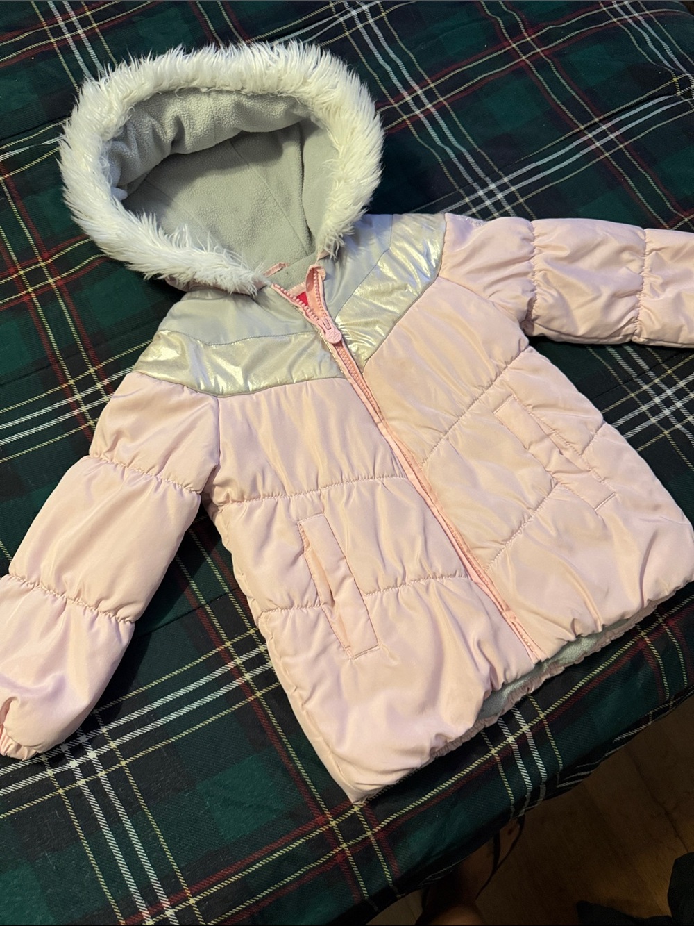 London Fog Light Pink Toddler Puffer Coat with Faux Fur Trim